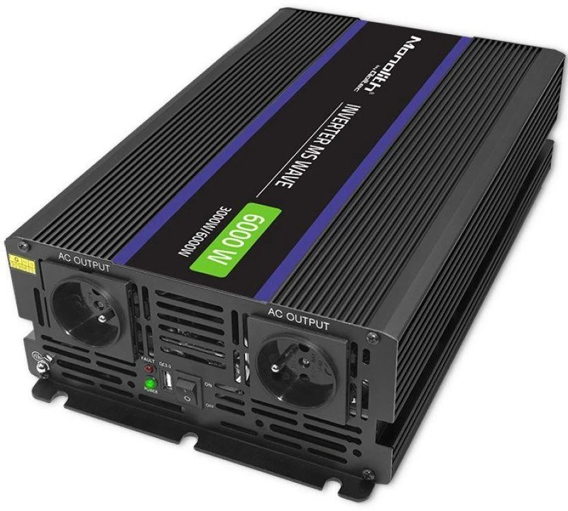 QOLTEC 51929 Monolitinis įtampos keitiklis 6000 MS Wave / 12V iki 230V / 3000/6000W / USB