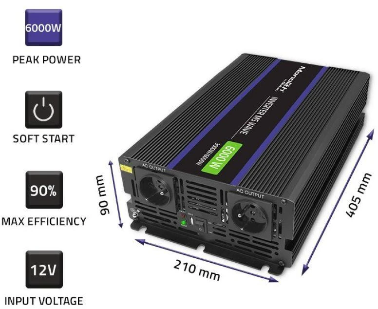 QOLTEC 51929 Monolitinis įtampos keitiklis 6000 MS Wave / 12V iki 230V / 3000/6000W / USB
