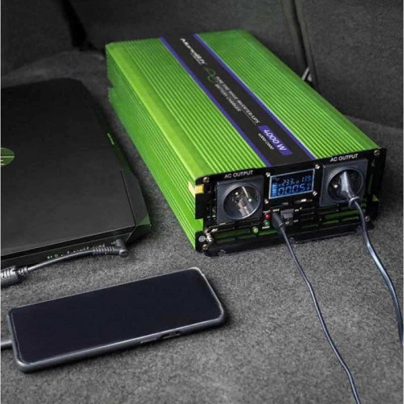 QOLTEC 51943 grynos sinusinės bangos keitiklis, monolitas / akumuliatoriaus įkroviklis / UPS / 4000 W / 2000 W / 12 V iki 230 V / LCD