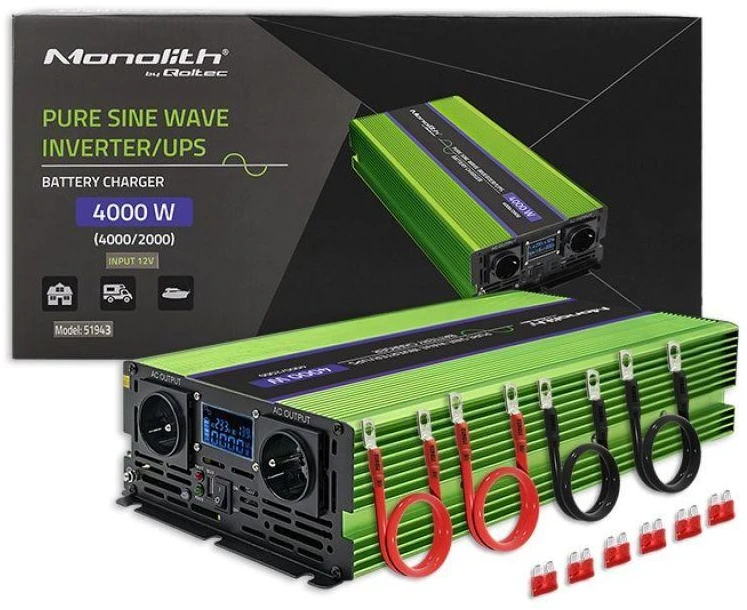 QOLTEC 51943 grynos sinusinės bangos keitiklis, monolitas / akumuliatoriaus įkroviklis / UPS / 4000 W / 2000 W / 12 V iki 230 V / LCD