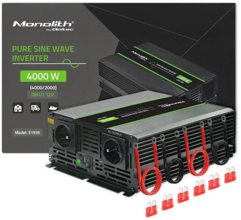 QOLTEC 51935 grynos sinusinės bangos keitiklis, monolitas / 2000 W / 4000 W / 12 V–230 V