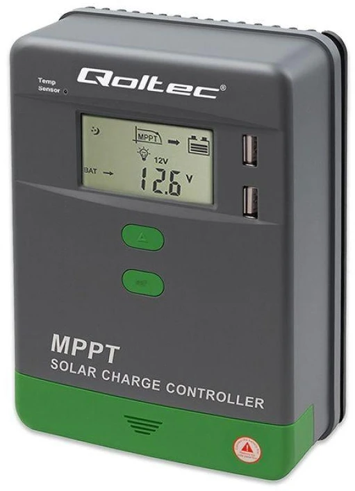 „Qoltec MPPT“ saulės įkrovimo valdiklis su temperatūros jutikliu 10A | 12V / 24V | LCD | 2 x USB | „Bluetooth“ | programėlė | GEL | LiFePO4