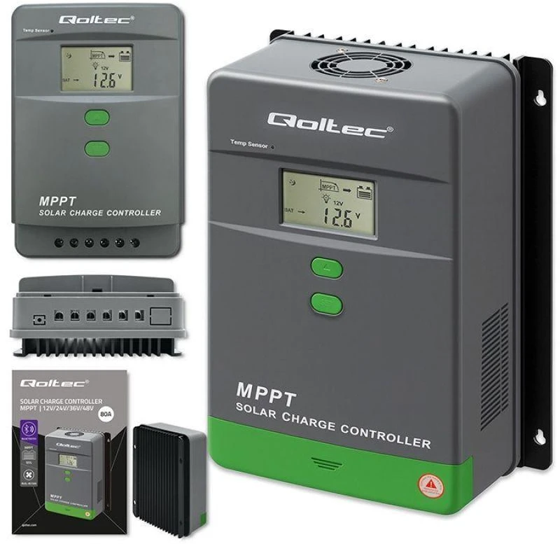 Qoltec 53670 Saulės įkrovimo valdiklis MPPT su temperatūros jutikliu 80A | 12V / 24V | LCD | Bluetooth | Programėlė | GEL | LiFePO4