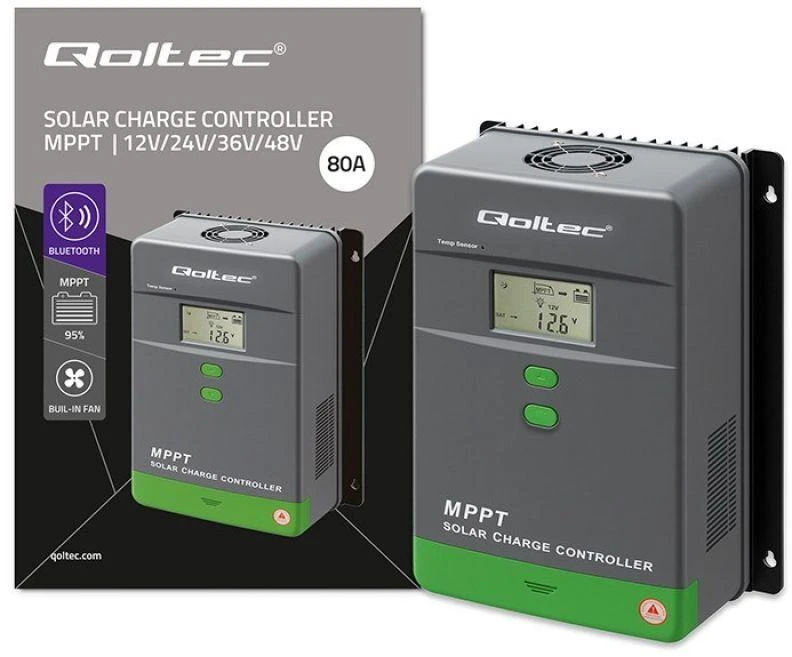Qoltec 53670 Saulės įkrovimo valdiklis MPPT su temperatūros jutikliu 80A | 12V / 24V | LCD | Bluetooth | Programėlė | GEL | LiFePO4