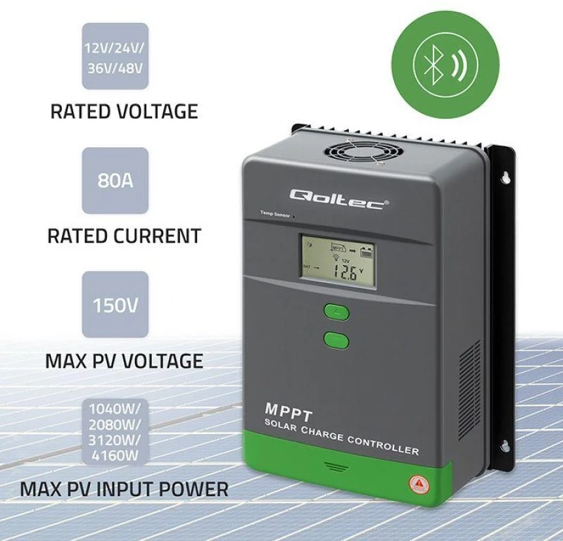 Qoltec 53670 Saulės įkrovimo valdiklis MPPT su temperatūros jutikliu 80A | 12V / 24V | LCD | Bluetooth | Programėlė | GEL | LiFePO4