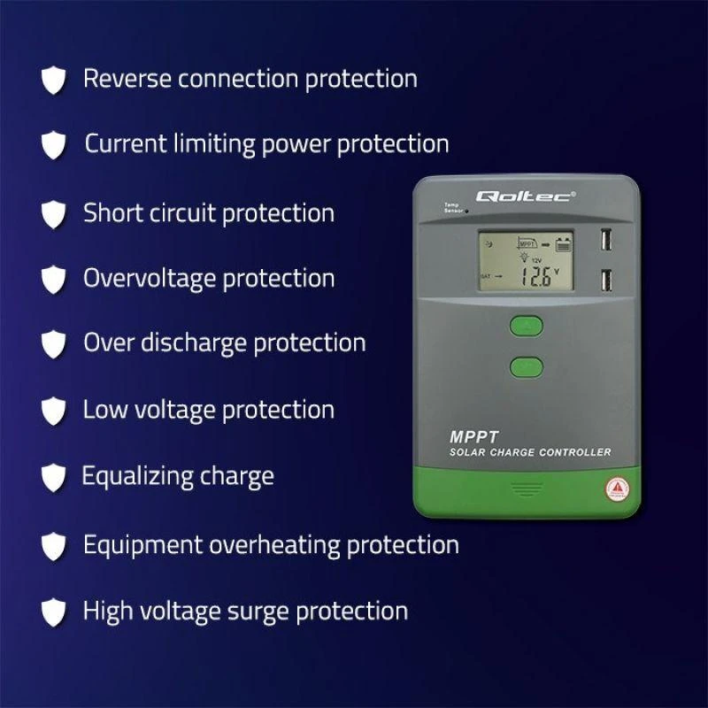 „Qoltec MPPT“ saulės įkrovimo valdiklis su temperatūros jutikliu 10A | 12V / 24V | LCD | 2 x USB | „Bluetooth“ | programėlė | GEL | LiFePO4