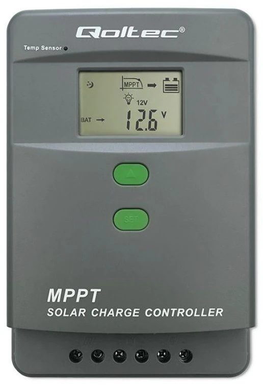 Qoltec 53670 Saulės įkrovimo valdiklis MPPT su temperatūros jutikliu 80A | 12V / 24V | LCD | Bluetooth | Programėlė | GEL | LiFePO4