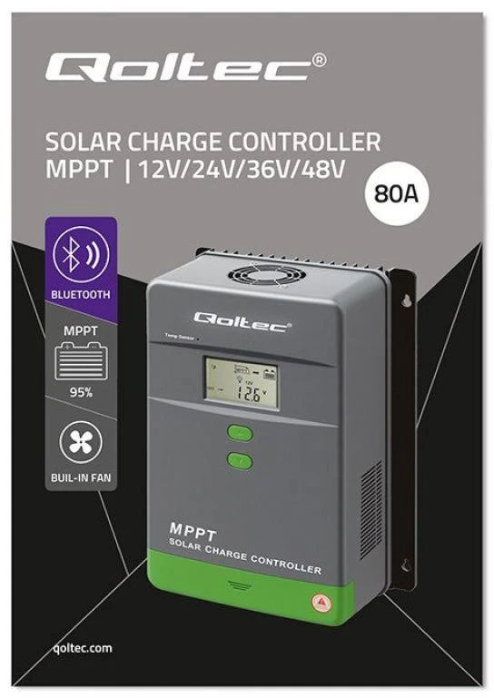 Qoltec 53670 Saulės įkrovimo valdiklis MPPT su temperatūros jutikliu 80A | 12V / 24V | LCD | Bluetooth | Programėlė | GEL | LiFePO4