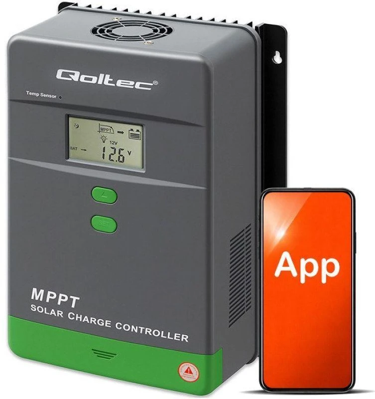 Qoltec 53670 Saulės įkrovimo valdiklis MPPT su temperatūros jutikliu 80A | 12V / 24V | LCD | Bluetooth | Programėlė | GEL | LiFePO4