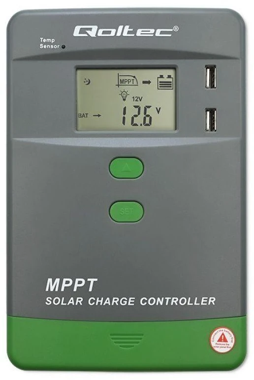 „Qoltec MPPT“ saulės įkrovimo valdiklis su temperatūros jutikliu 10A | 12V / 24V | LCD | 2 x USB | „Bluetooth“ | programėlė | GEL | LiFePO4