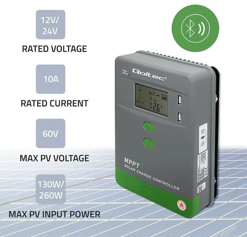 „Qoltec MPPT“ saulės įkrovimo valdiklis su temperatūros jutikliu 10A | 12V / 24V | LCD | 2 x USB | „Bluetooth“ | programėlė | GEL | LiFePO4