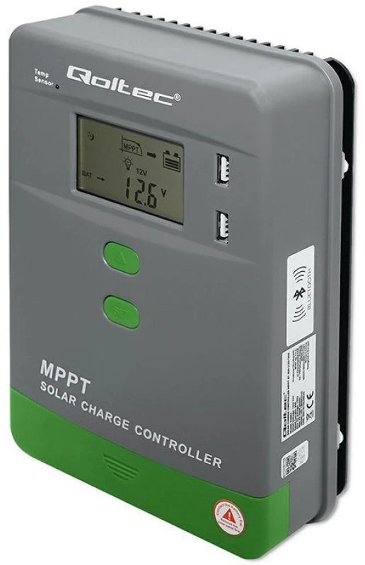 „Qoltec MPPT“ saulės įkrovimo valdiklis su temperatūros jutikliu 10A | 12V / 24V | LCD | 2 x USB | „Bluetooth“ | programėlė | GEL | LiFePO4