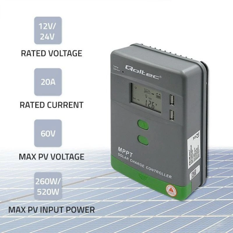 Adapteris Saulės valdiklis įkrovimo mppt su temperatūros jutiklis 20a12v / 24v lcd 2 x usb Qoltec