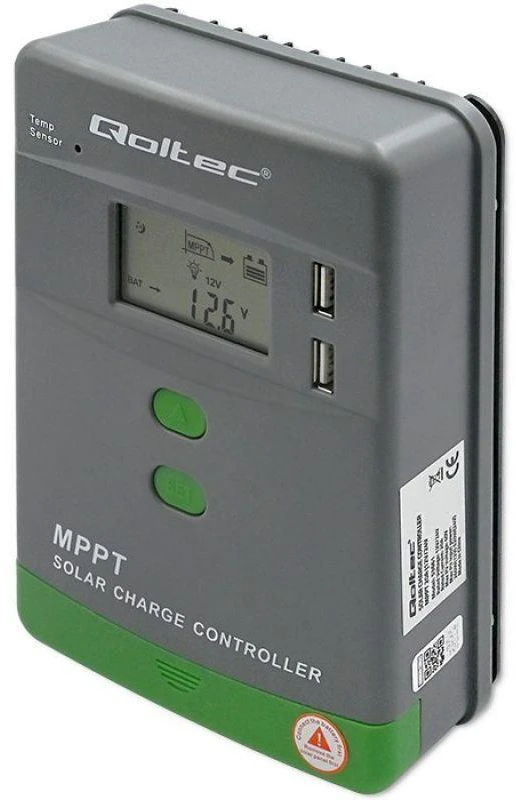Adapteris Saulės valdiklis įkrovimo mppt su temperatūros jutiklis 20a12v / 24v lcd 2 x usb Qoltec