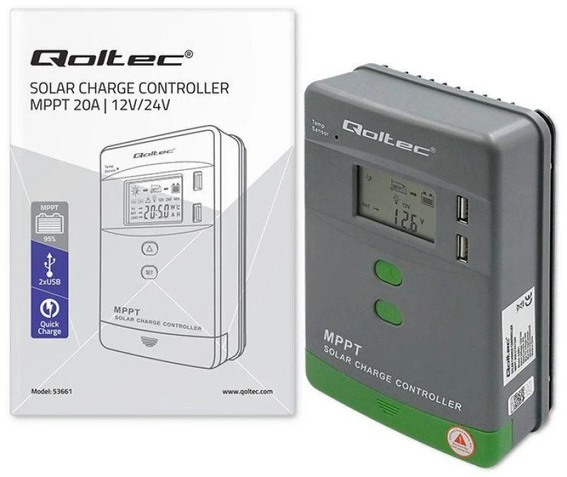 Adapteris Saulės valdiklis įkrovimo mppt su temperatūros jutiklis 20a12v / 24v lcd 2 x usb Qoltec