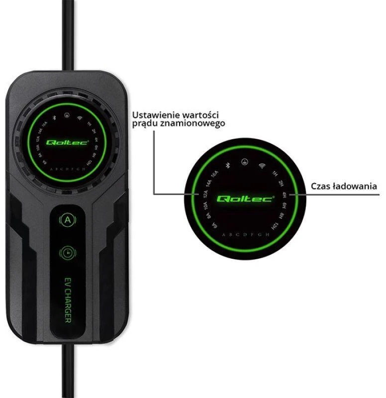 Qoltec Mobilus elektromobilių įkroviklis su 2in1 Type2 reguliavimu | SCHUKO | 3,5 kW | 230 V | LCD | Nešiojamas | Sieninis įkroviklis | 5 m