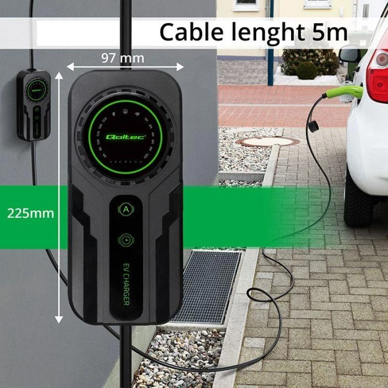 Qoltec Mobilus elektromobilių įkroviklis su 2in1 Type2 reguliavimu | SCHUKO | 3,5 kW | 230 V | LCD | Nešiojamas | Sieninis įkroviklis | 5 m