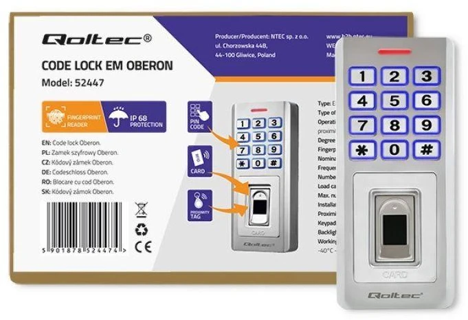 QOLTEC 52447 Kodinė spyna OBERON su pirštų atspaudų skaitytuvu RFID kodų kortelės rakto pakabukas durų skambutis IP68 EM