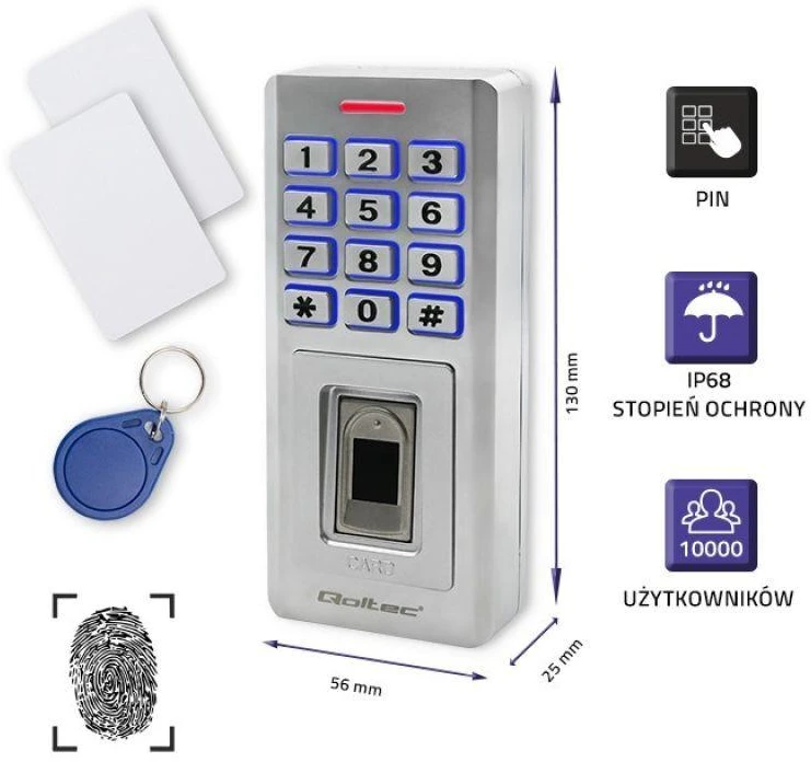 QOLTEC 52447 Kodinė spyna OBERON su pirštų atspaudų skaitytuvu RFID kodų kortelės rakto pakabukas durų skambutis IP68 EM