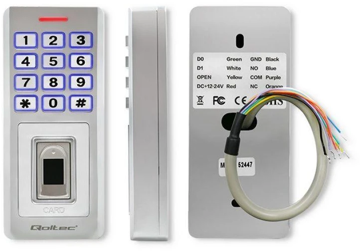 QOLTEC 52447 Kodinė spyna OBERON su pirštų atspaudų skaitytuvu RFID kodų kortelės rakto pakabukas durų skambutis IP68 EM