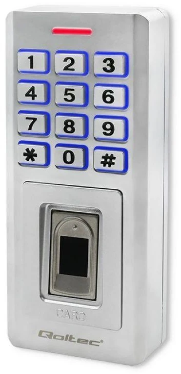 QOLTEC 52447 Kodinė spyna OBERON su pirštų atspaudų skaitytuvu RFID kodų kortelės rakto pakabukas durų skambutis IP68 EM