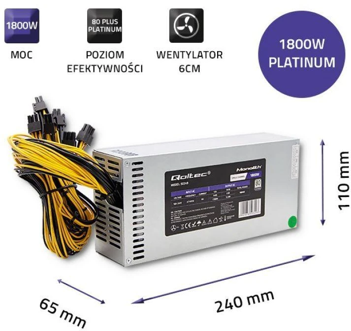 QOLTEC 50349 PCI-E 1800 W maitinimo šaltinis 80 Plus Platinum Game Miner
