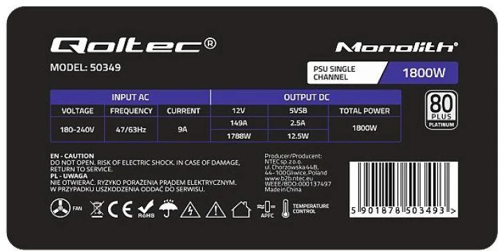 QOLTEC 50349 PCI-E 1800 W maitinimo šaltinis 80 Plus Platinum Game Miner