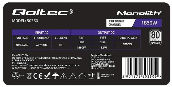 QOLTEC 50350 MAITINIMO 1850 W PCI-E 80 Plus Platinum Gaming Miner