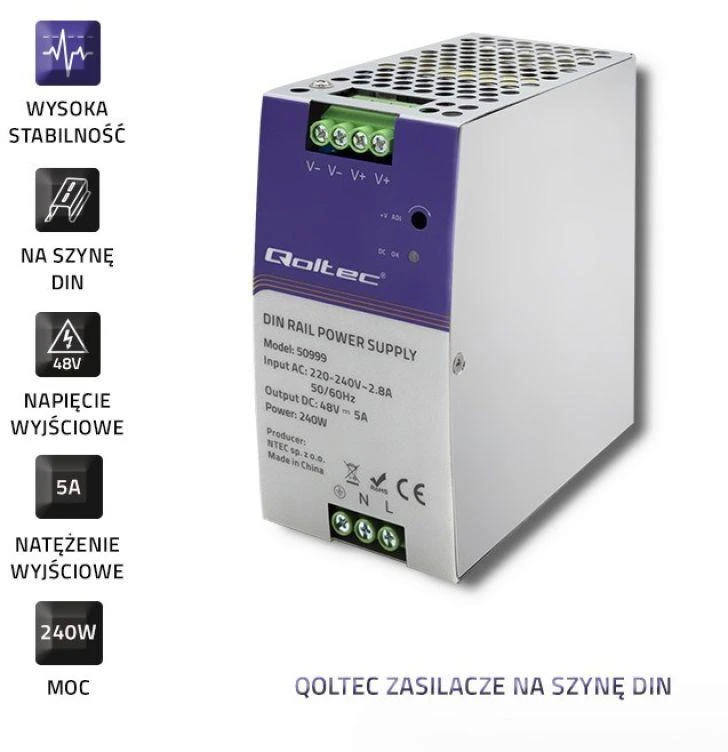 QOLTEC 50999 DIN bėgio maitinimo šaltinis 240W 48V 5A