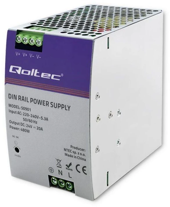 Qoltec pramoninis na szynę DIN | 480W | 24V | 20A