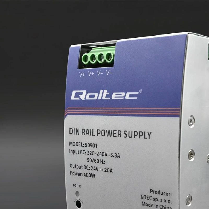 Qoltec pramoninis na szynę DIN | 480W | 24V | 20A