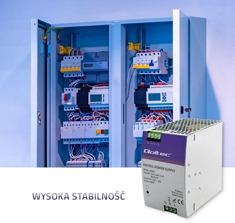 Qoltec pramoninis na szynę DIN | 480W | 24V | 20A
