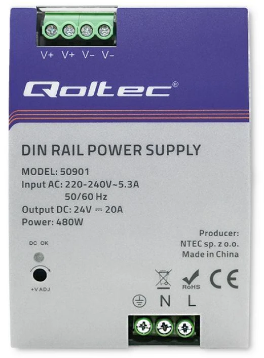 Qoltec pramoninis na szynę DIN | 480W | 24V | 20A