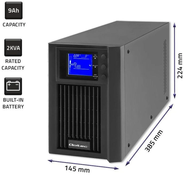 QOLTEC 53981 UPS / On line / Pure Sine Wave / 2kVA / 1,6kW / LCD / USB