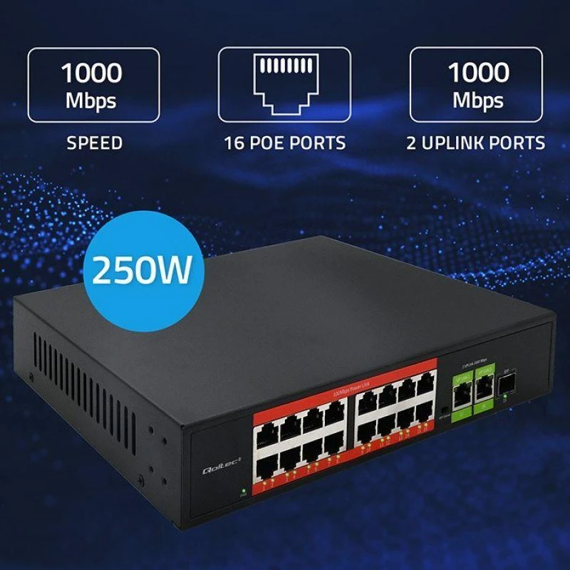 Šakotuvas „Qoltec SWITCH“ greito Ethernet „PoE“ tinklo komutatorius | 16x RJ45 10/100 Mb/s | 2x RJ45 Uplink 1000 Mb/s | 1x SFP 1000 Mb/s