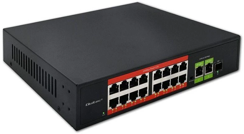Šakotuvas „Qoltec SWITCH“ greito Ethernet „PoE“ tinklo komutatorius | 16x RJ45 10/100 Mb/s | 2x RJ45 Uplink 1000 Mb/s | 1x SFP 1000 Mb/s