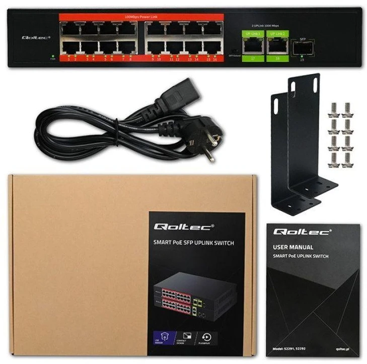 Šakotuvas „Qoltec SWITCH“ greito Ethernet „PoE“ tinklo komutatorius | 16x RJ45 10/100 Mb/s | 2x RJ45 Uplink 1000 Mb/s | 1x SFP 1000 Mb/s