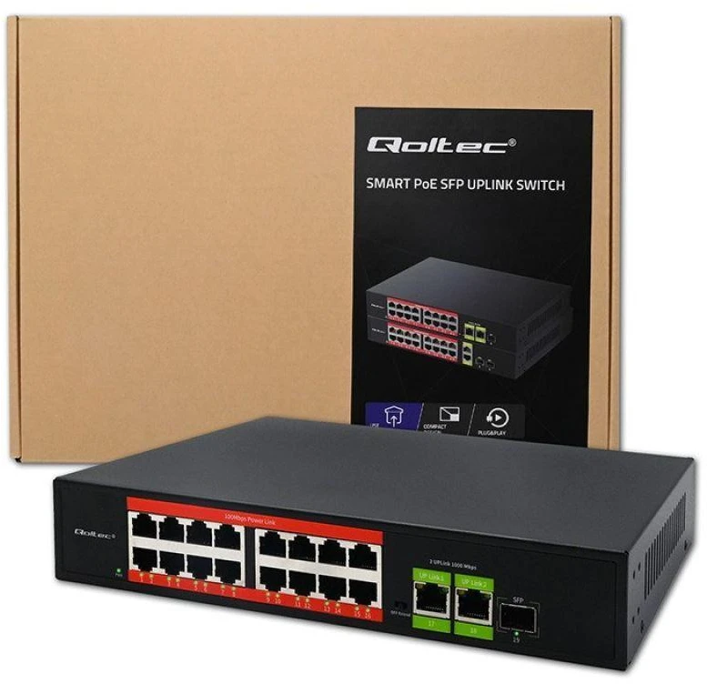 Šakotuvas „Qoltec SWITCH“ greito Ethernet „PoE“ tinklo komutatorius | 16x RJ45 10/100 Mb/s | 2x RJ45 Uplink 1000 Mb/s | 1x SFP 1000 Mb/s