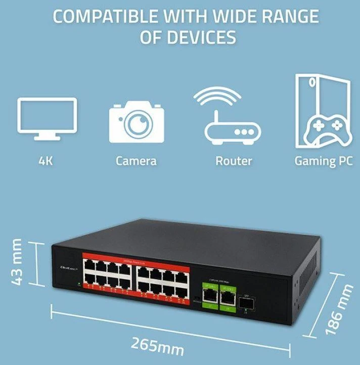 Šakotuvas „Qoltec SWITCH“ greito Ethernet „PoE“ tinklo komutatorius | 16x RJ45 10/100 Mb/s | 2x RJ45 Uplink 1000 Mb/s | 1x SFP 1000 Mb/s