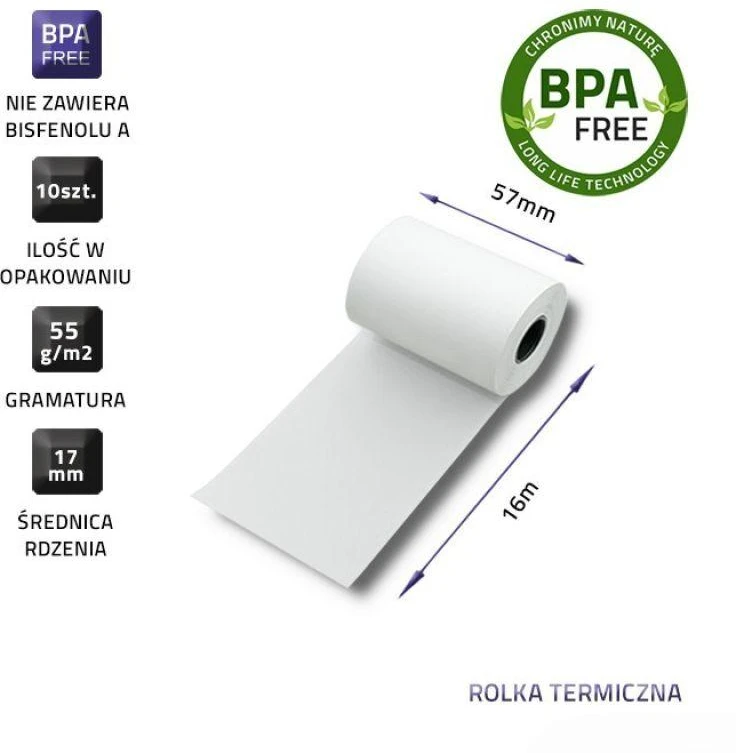 QOLTEC 51899 Terminis rulonas 57 x 16 55g / m2 10 vnt. Būkite BPA