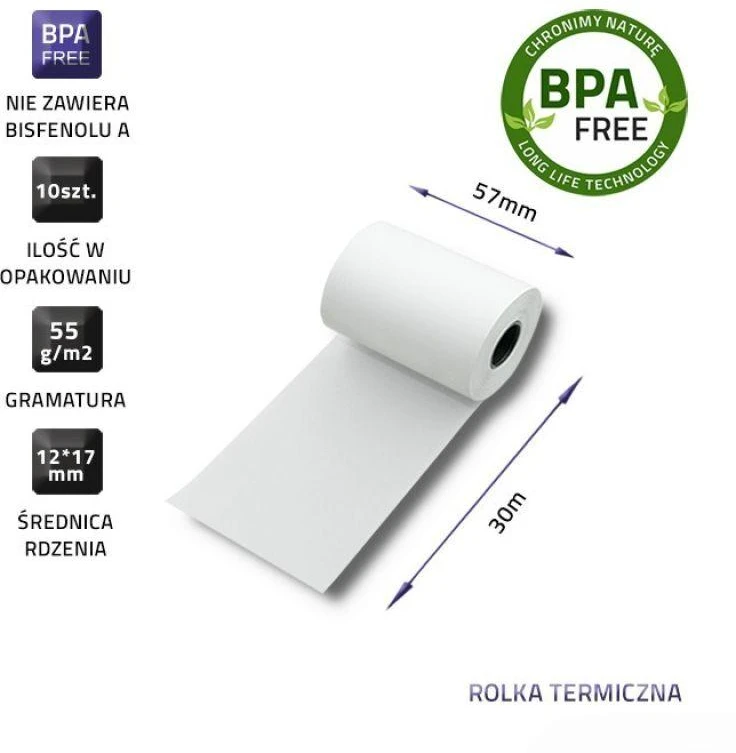 QOLTEC 51895 Terminis ritinys 57 x 30 55g/m2 10vnt. Be BPA
