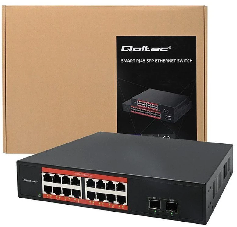Šakotuvas „Qoltec“ tinklo komutatorius SWITCH gigabito eternetas | 16x RJ45 | 2x SFP | 1000 Mb/s