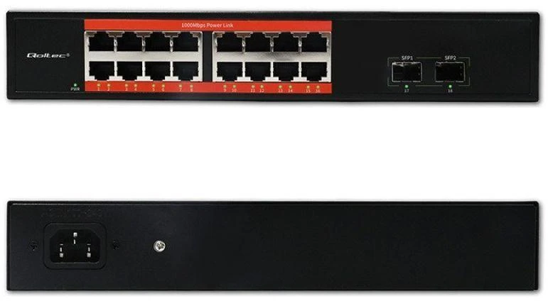 Šakotuvas „Qoltec“ tinklo komutatorius SWITCH gigabito eternetas | 16x RJ45 | 2x SFP | 1000 Mb/s