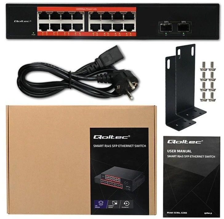 Šakotuvas „Qoltec“ tinklo komutatorius SWITCH gigabito eternetas | 16x RJ45 | 2x SFP | 1000 Mb/s