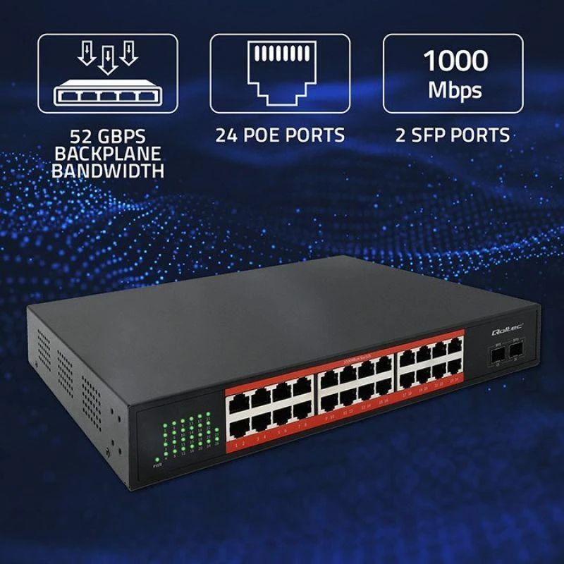 Šakotuvas Qoltec 52365 gigabito Ethernet komutatorius | 24x RJ45 | 2x SFP | 1000 Mb/s