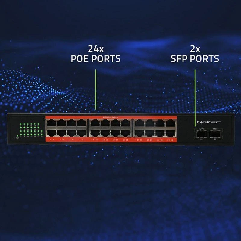 Šakotuvas Qoltec 52365 gigabito Ethernet komutatorius | 24x RJ45 | 2x SFP | 1000 Mb/s