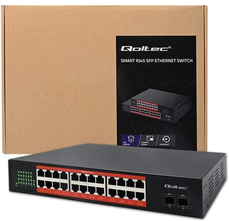 Šakotuvas Qoltec 52365 gigabito Ethernet komutatorius | 24x RJ45 | 2x SFP | 1000 Mb/s