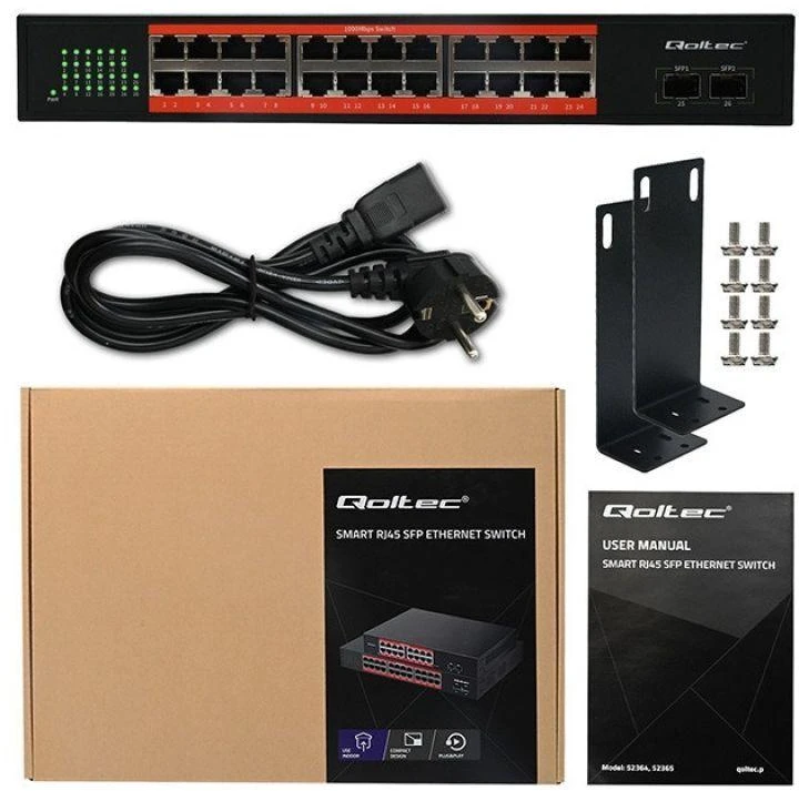 Šakotuvas Qoltec 52365 gigabito Ethernet komutatorius | 24x RJ45 | 2x SFP | 1000 Mb/s