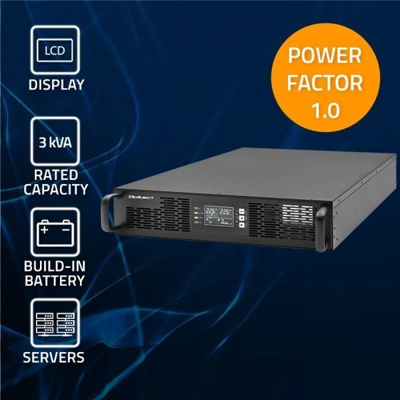 QOLTEC 52287 nepertraukiamo maitinimo šaltinis, skirtas RACK / 3kVA / 3000W / Galios koeficientas 1,0 / LCD / EPO / USB / On line