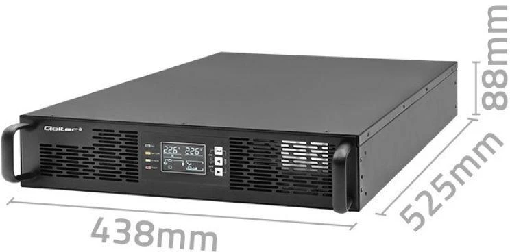 QOLTEC 52287 nepertraukiamo maitinimo šaltinis, skirtas RACK / 3kVA / 3000W / Galios koeficientas 1,0 / LCD / EPO / USB / On line